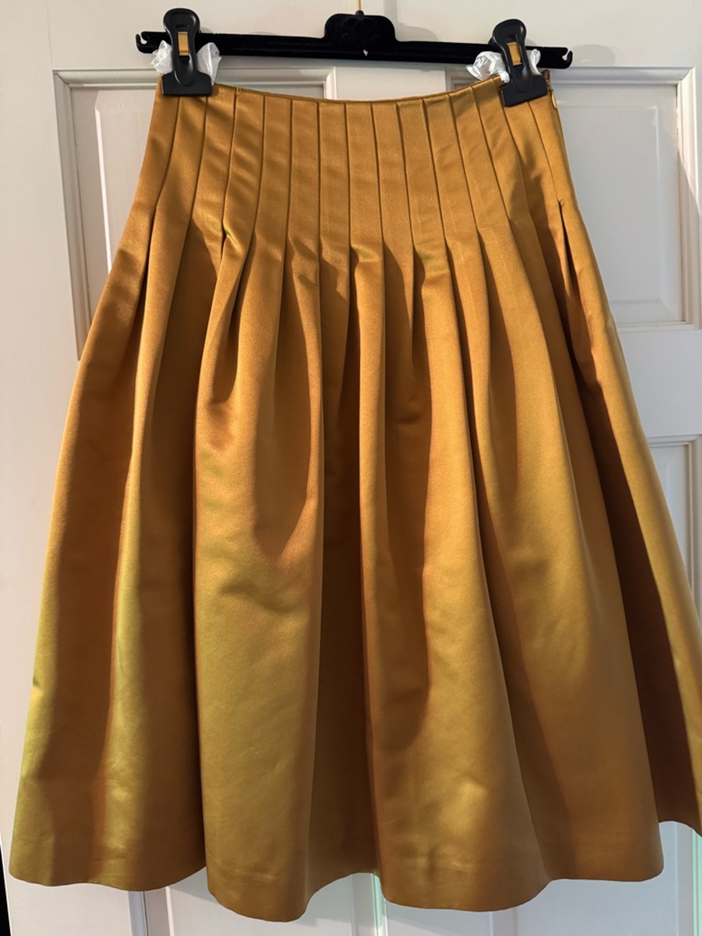 Golden Pleated A-Line Midi Skirt